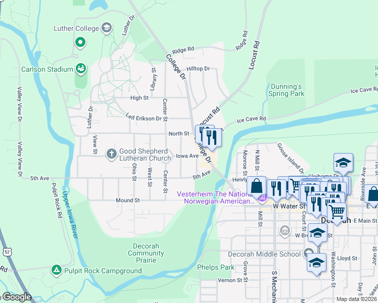 map of restaurants, bars, coffee shops, grocery stores, and more near 310 East St in Decorah