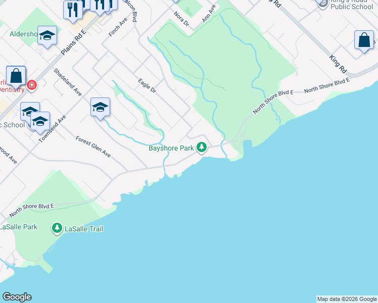 map of restaurants, bars, coffee shops, grocery stores, and more near 305 North Shore Boulevard East in Burlington