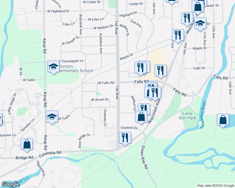 map of restaurants, bars, coffee shops, grocery stores, and more near 1947 1st Avenue in Grafton
