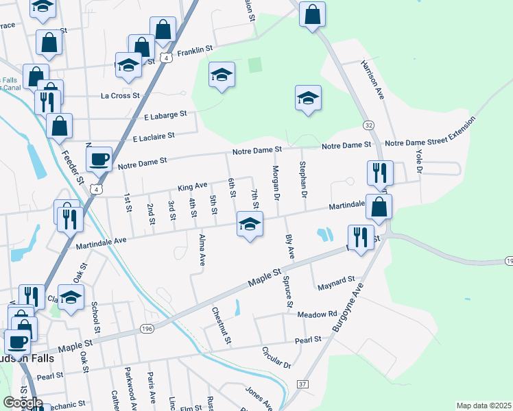 map of restaurants, bars, coffee shops, grocery stores, and more near 7th Street in Hudson Falls