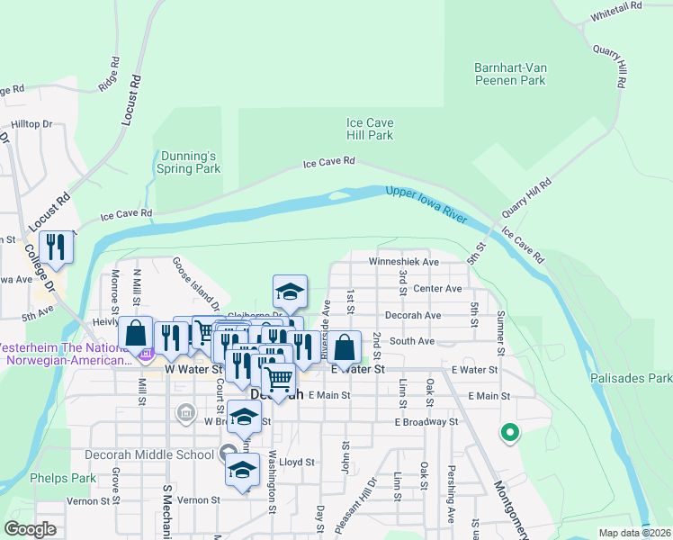 map of restaurants, bars, coffee shops, grocery stores, and more near 431-475 Riverside Avenue in Decorah