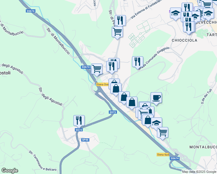 map of restaurants, bars, coffee shops, grocery stores, and more near 94 Via Massetana in Siena