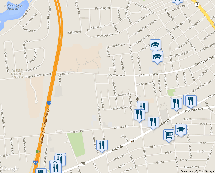 map of restaurants, bars, coffee shops, grocery stores, and more near 20 Harris St in West Glens Falls
