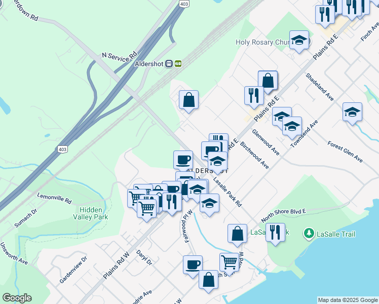 map of restaurants, bars, coffee shops, grocery stores, and more near 1047 Waterdown Road in Burlington