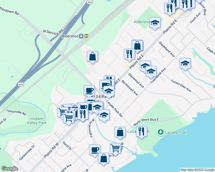 map of restaurants, bars, coffee shops, grocery stores, and more near 35 Plains Road East in Burlington