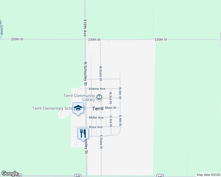 map of restaurants, bars, coffee shops, grocery stores, and more near 400 Adams Avenue in Terril