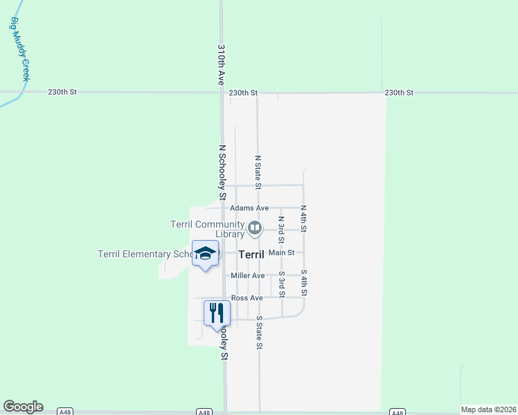 map of restaurants, bars, coffee shops, grocery stores, and more near 300 Adams Avenue in Terril