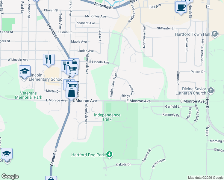 map of restaurants, bars, coffee shops, grocery stores, and more near 750 Timber Line Trail in Hartford