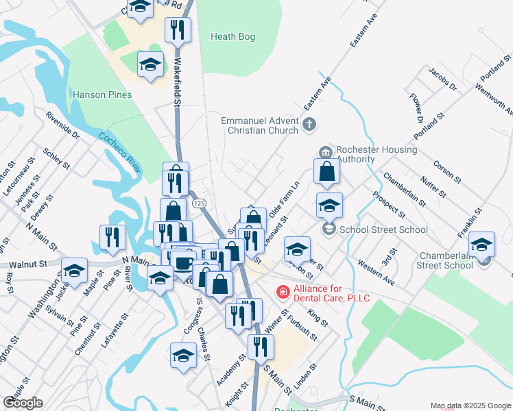 map of restaurants, bars, coffee shops, grocery stores, and more near 51 Summer Street in Rochester