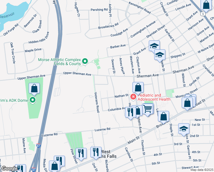 map of restaurants, bars, coffee shops, grocery stores, and more near 20 Harris Street in West Glens Falls
