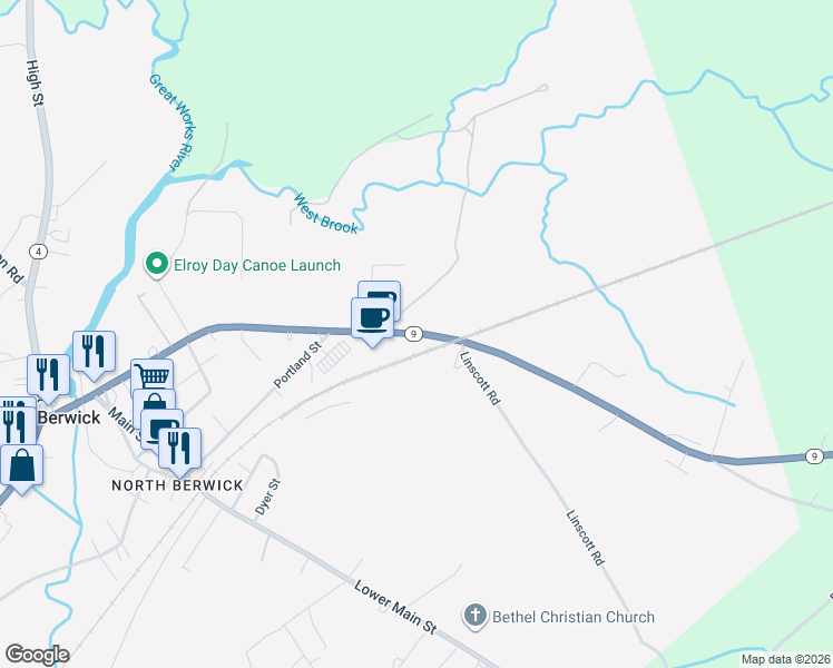 map of restaurants, bars, coffee shops, grocery stores, and more near Wells Street in North Berwick