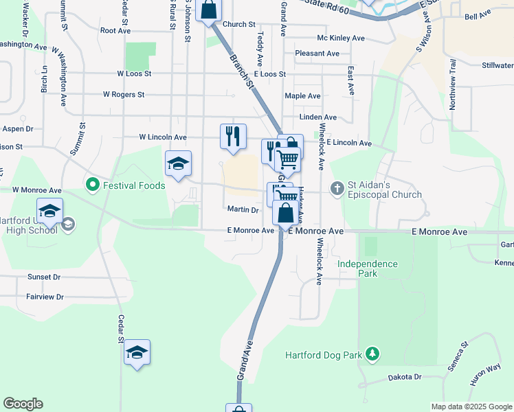 map of restaurants, bars, coffee shops, grocery stores, and more near 230 Martin Drive in Hartford