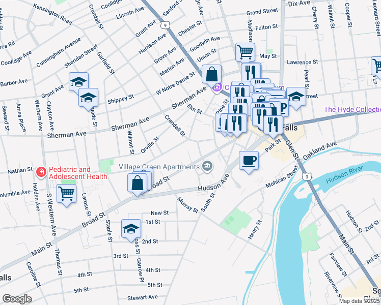 map of restaurants, bars, coffee shops, grocery stores, and more near 4 N Delaware St in Glens Falls