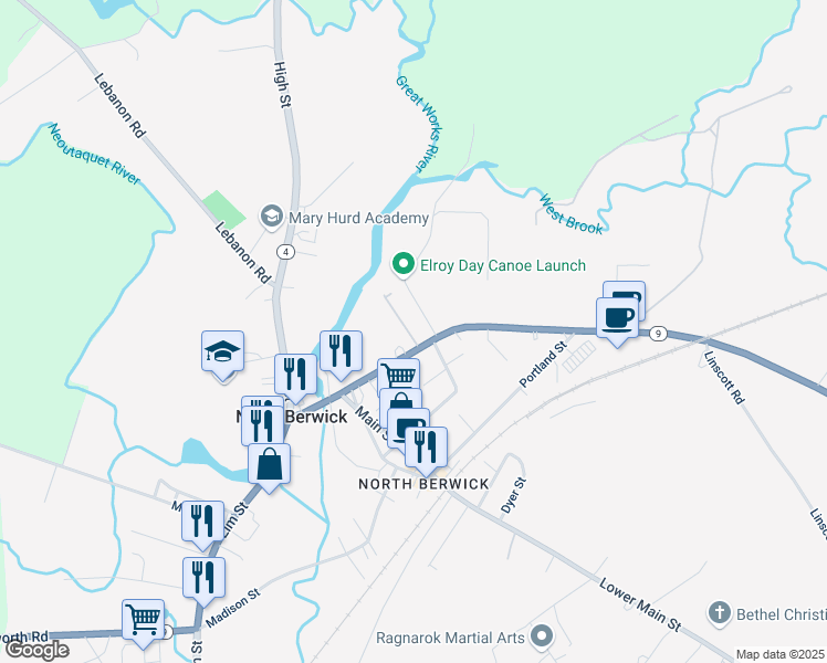 map of restaurants, bars, coffee shops, grocery stores, and more near 26 Prospect Street in North Berwick