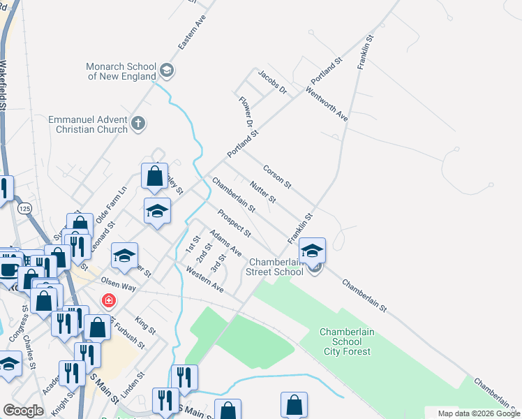 map of restaurants, bars, coffee shops, grocery stores, and more near 36 Chamberlain Street in Rochester