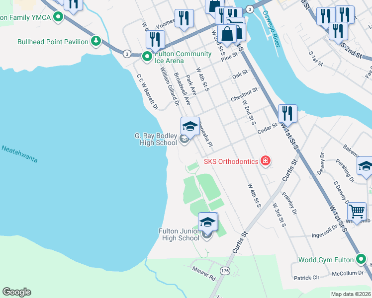 map of restaurants, bars, coffee shops, grocery stores, and more near School Road in Fulton
