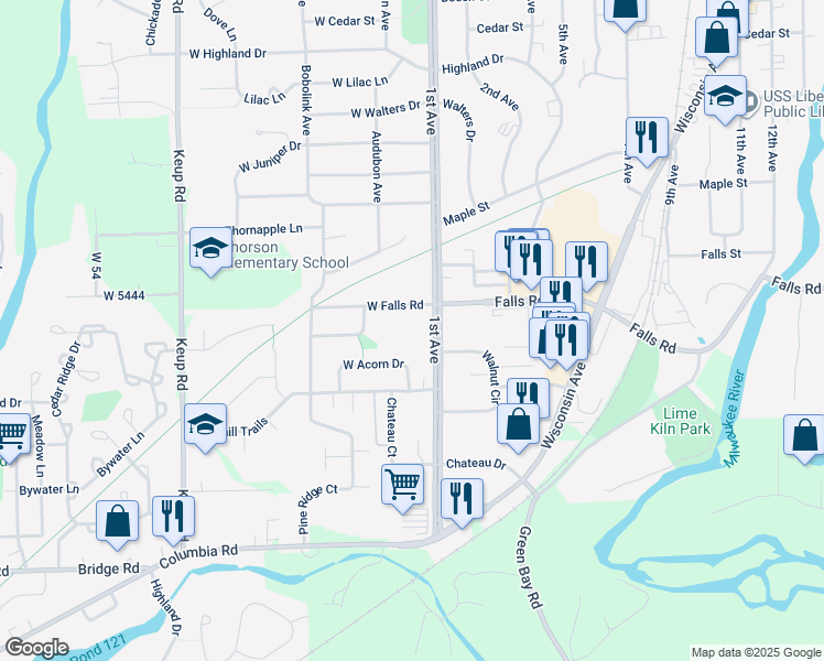 map of restaurants, bars, coffee shops, grocery stores, and more near 141 West Falls Road in Grafton