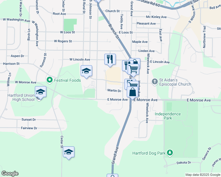 map of restaurants, bars, coffee shops, grocery stores, and more near 118 Martin Drive in Hartford