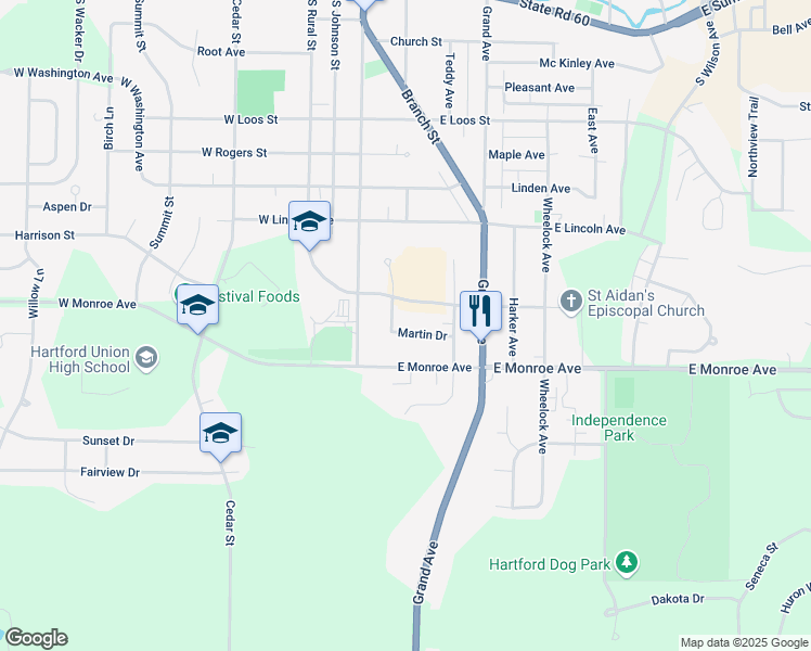 map of restaurants, bars, coffee shops, grocery stores, and more near 118 Martin Drive in Hartford