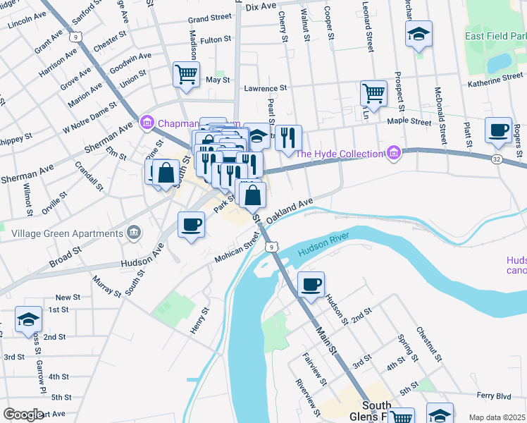 map of restaurants, bars, coffee shops, grocery stores, and more near 1 Civic Center Plaza in Glens Falls