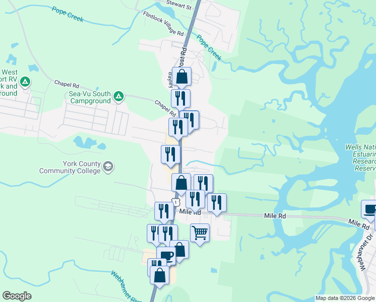 map of restaurants, bars, coffee shops, grocery stores, and more near 1149 Post Road in Wells