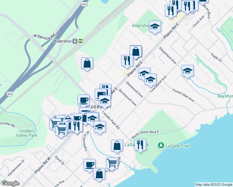map of restaurants, bars, coffee shops, grocery stores, and more near 66 Plains Road East in Burlington