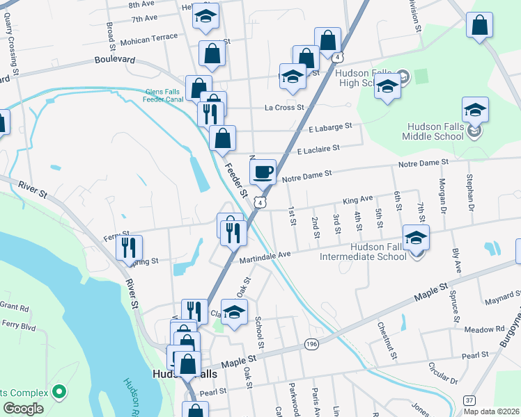 map of restaurants, bars, coffee shops, grocery stores, and more near 280 Main Street in Hudson Falls