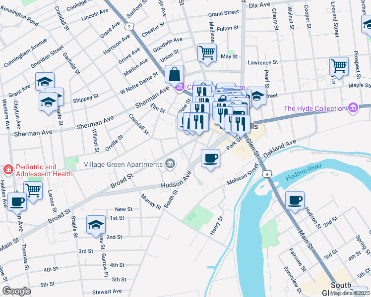 map of restaurants, bars, coffee shops, grocery stores, and more near 22 Broad Street in Glens Falls
