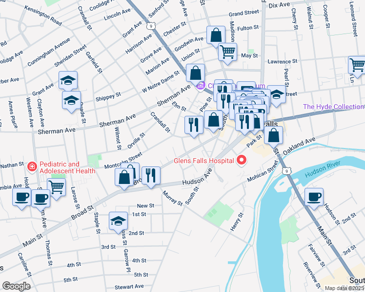 map of restaurants, bars, coffee shops, grocery stores, and more near 37 Broad Street in Glens Falls