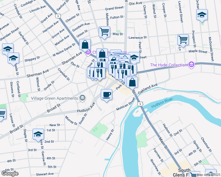map of restaurants, bars, coffee shops, grocery stores, and more near 14 Hudson Avenue in Glens Falls