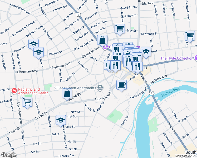 map of restaurants, bars, coffee shops, grocery stores, and more near 37 Broad Street in Glens Falls
