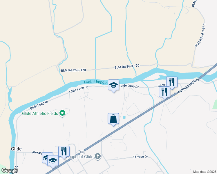 map of restaurants, bars, coffee shops, grocery stores, and more near 1477 Glide Loop Drive in Glide