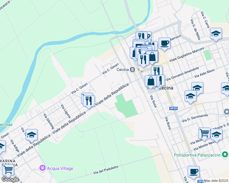 map of restaurants, bars, coffee shops, grocery stores, and more near 18 Viale della Repubblica in Cecina