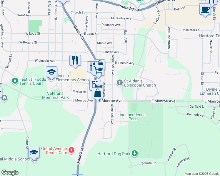 map of restaurants, bars, coffee shops, grocery stores, and more near 722 Harker Avenue in Hartford