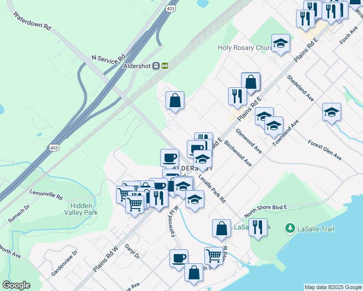 map of restaurants, bars, coffee shops, grocery stores, and more near 1045 Waterdown Road in Burlington