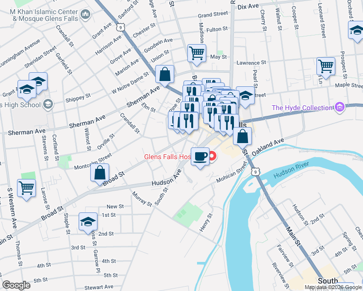 map of restaurants, bars, coffee shops, grocery stores, and more near 22 Broad Street in Glens Falls