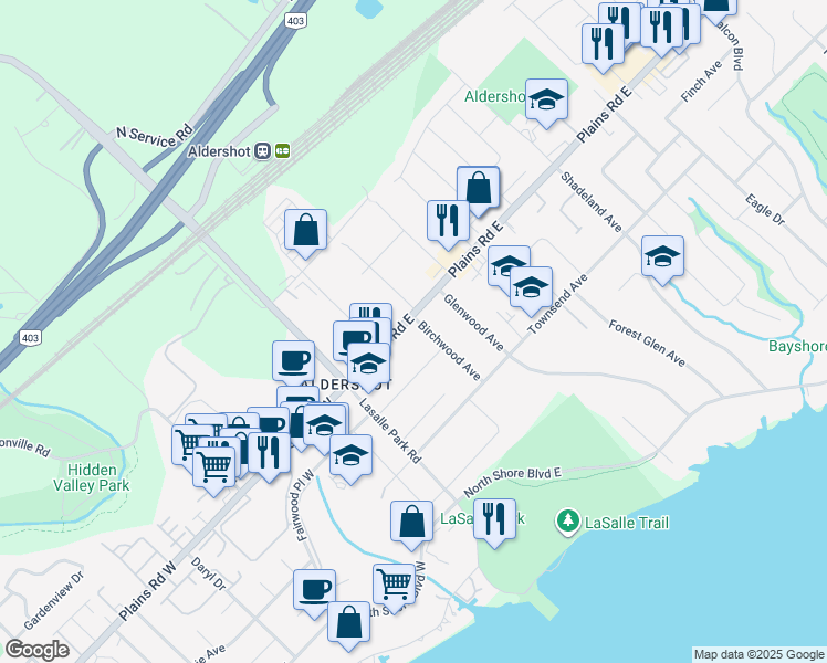 map of restaurants, bars, coffee shops, grocery stores, and more near 70 Plains Road East in Burlington