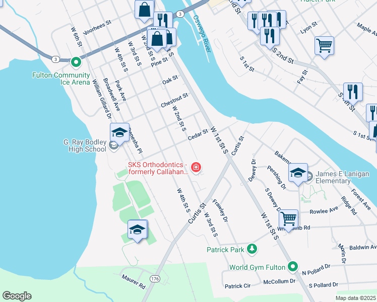 map of restaurants, bars, coffee shops, grocery stores, and more near 613 West 3rd Street South in Fulton