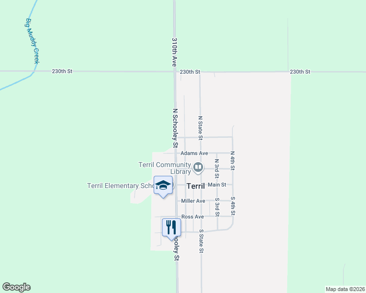 map of restaurants, bars, coffee shops, grocery stores, and more near 300-398 N 1st St in Terril