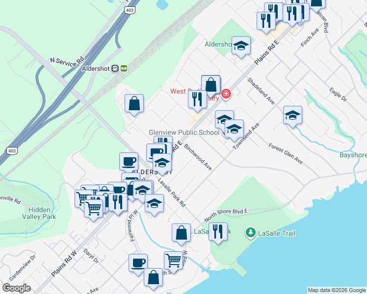 map of restaurants, bars, coffee shops, grocery stores, and more near 982 Birchwood Avenue in Burlington