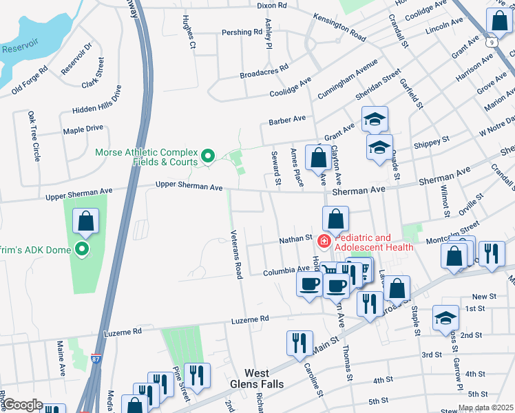 map of restaurants, bars, coffee shops, grocery stores, and more near 20 Harris Street in Queensbury