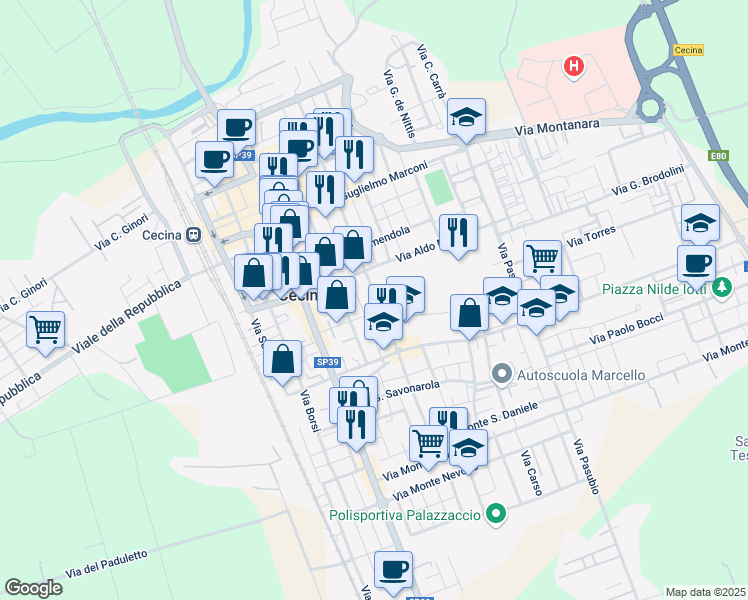 map of restaurants, bars, coffee shops, grocery stores, and more near 24D Via Napoli in Cecina