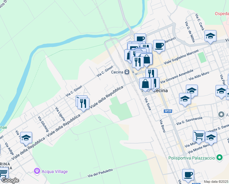 map of restaurants, bars, coffee shops, grocery stores, and more near 18 Viale della Repubblica in Cecina