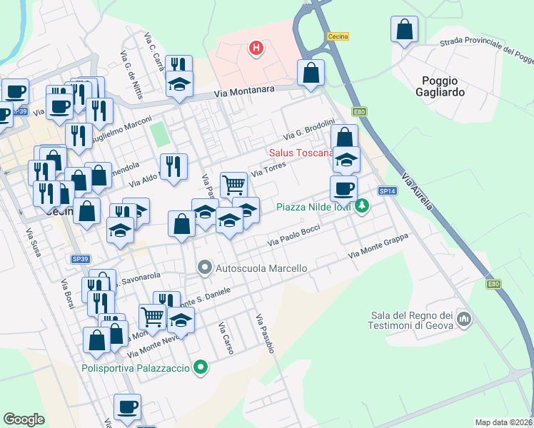 map of restaurants, bars, coffee shops, grocery stores, and more near 8 Via Ambrogi in Cecina