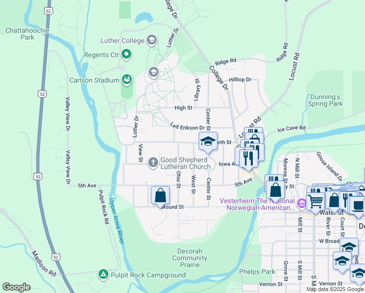 map of restaurants, bars, coffee shops, grocery stores, and more near 311 Ohio St in Decorah