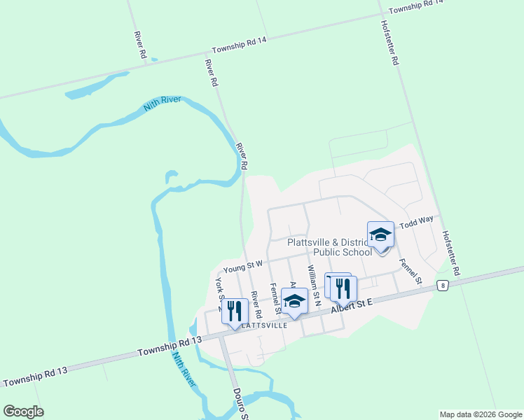 map of restaurants, bars, coffee shops, grocery stores, and more near 120 Fennel Street in Blandford-Blenheim