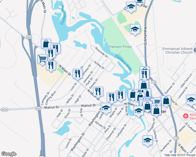 map of restaurants, bars, coffee shops, grocery stores, and more near 21 Dewey Street in Rochester