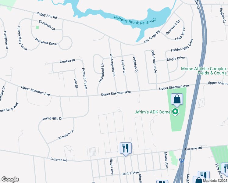 map of restaurants, bars, coffee shops, grocery stores, and more near 1 Wintergreen Road in Queensbury