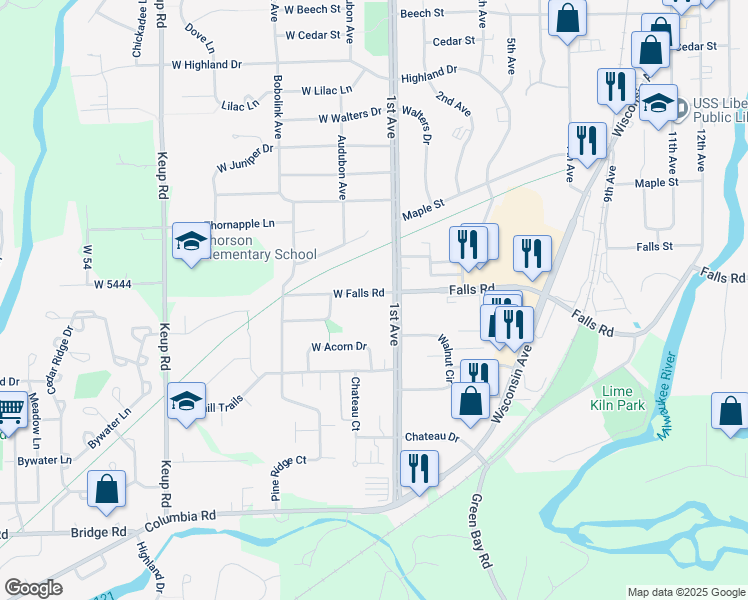 map of restaurants, bars, coffee shops, grocery stores, and more near 141 West Falls Road in Grafton