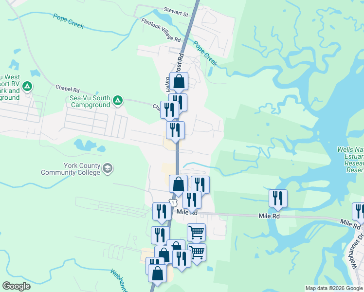map of restaurants, bars, coffee shops, grocery stores, and more near 1149 Post Road in Wells